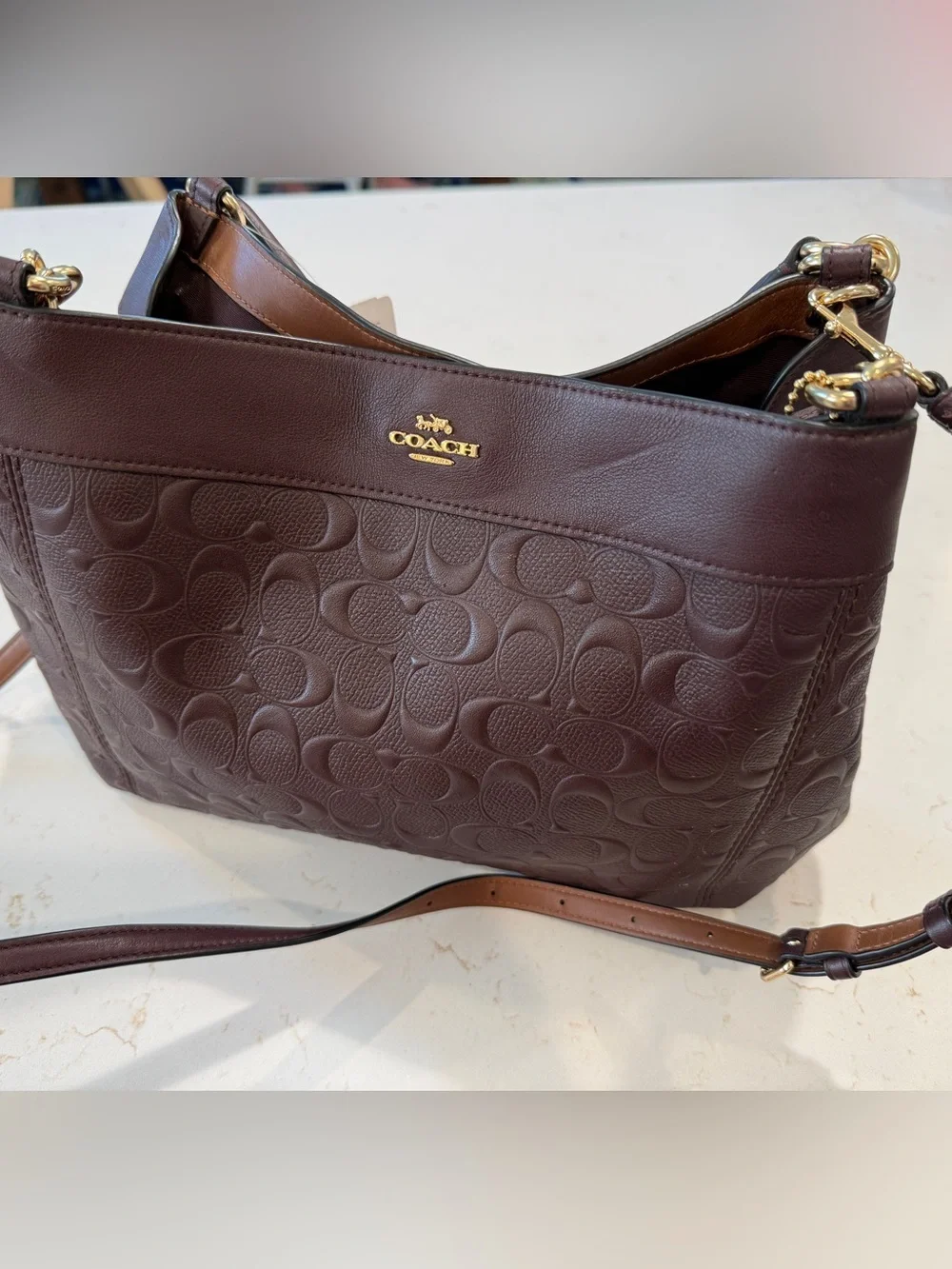 Coach Embossed Signature Chocolate Leather Shoulder Bag F28934